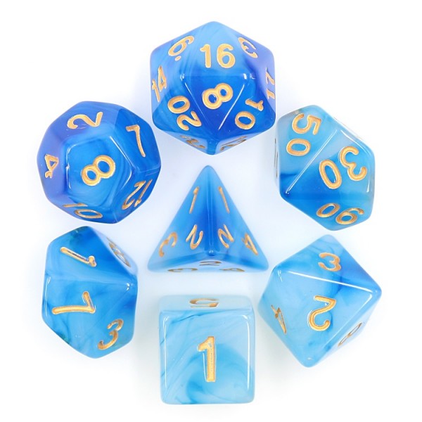 Blue Milky 7pc Dice Set Set inked in Gold